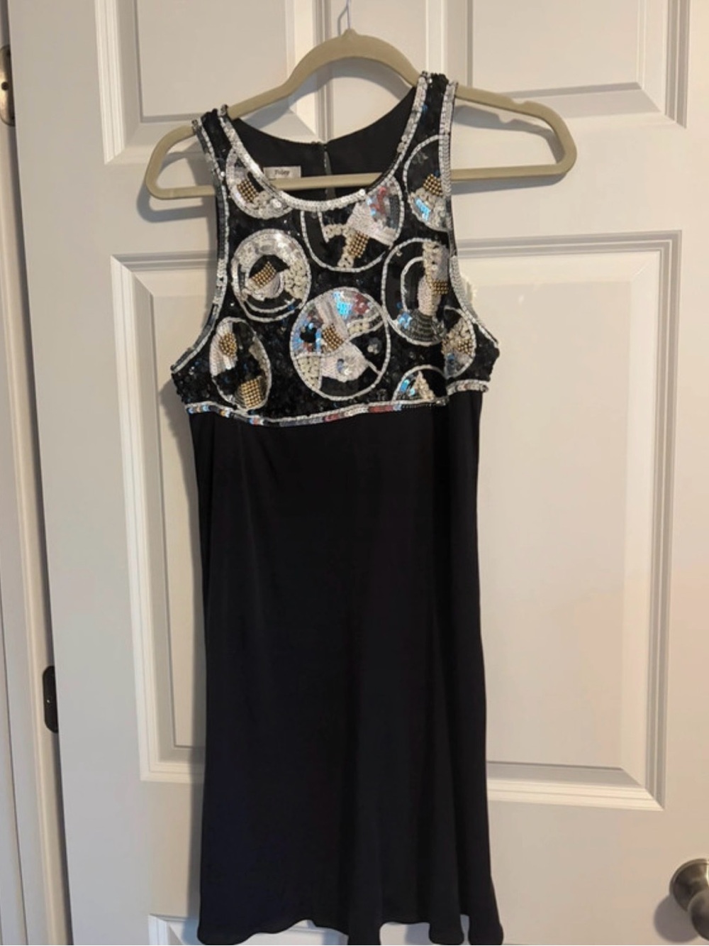 Black Sequin-Trim Midi Dress with Embellished Bodice